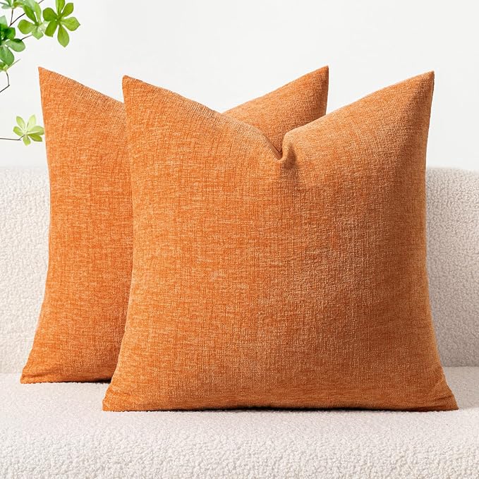 MIULEE Soft Chenille Fall Throw Pillow Covers Orange 16x16 Inch Pack of 2 | Modern Fall Home Decor, Classic Decorative Pillows, Solid Dyed Cases, Boho Couch Cushion Covers for Sofa Bed Living Room