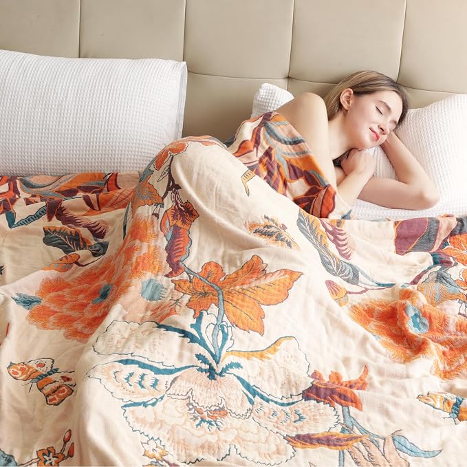 VANJOROY Boho Large Throw Blanket, 100% Organic Cotton Breathable Soft Bed Throw - Floral Bird Farmhouse Decor Blanket for Sofa Couch Chair Quilt and Gift. 91" x 98"- Beige
