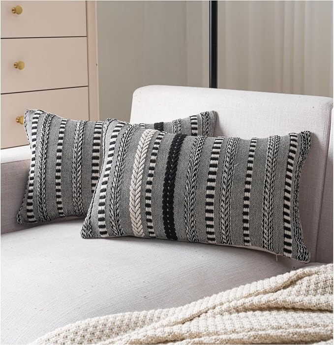 Cethom Boho Throw Pillow Covers 12x20 Inch Set of 2, Farmhouse Decorative Couch Pillow Cases, Black Accent Pillows of Bed, Sofa Bedroom Living Room Home Decor Cushion Cover