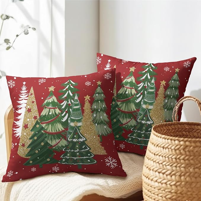 Kawani Christmas Red Throw Pillow Cover Set of 2, Gold Green Xmas Trees Holiday Home Decor Square Cushion Pillowcase 22x22 in Covers for Sofa Couch Bed Farmhouse Outdoor Patio Porch