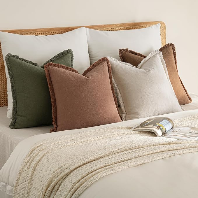 MIULEE Fall Linen Fringe Pillow Covers Set of 4 18x18 Beige/Brown/Green | Boho Farmhouse Decorative Throw Pillow Covers, Neutral Soft Rustic Cushion Cases, for Couch Sofa Bed Living Room Home Decor