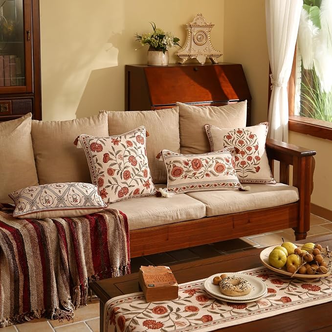 Vintage Linen Square Throw Pillow Cover,Set of 2,18"x18"-Albano A | Designer French Pillow Cover,Concealed Zipper Design,Orange Floral Pattern,Sofa,Bedroom,Living Room,Lounge Chairs