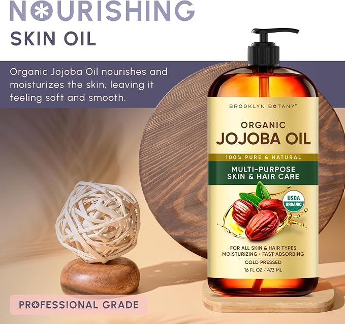 Brooklyn Botany Cold-Pressed Organic Jojoba Oil | 16 Fl Oz | Hair | Face | Body | 100% Pure and Natural | Carrier Oil | Aromatherapy | Massage | Ayurvedic Hair Care | Hexane-Free