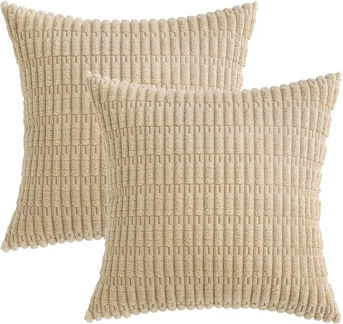 MIULEE Corduroy Decorative Throw Pillow Covers 12x12 Tan Pack of 2 | Soft Neutral Boho Striped Pillow Covers Modern Farmhouse Home Decor For Sofa Living Room Couch Bed
