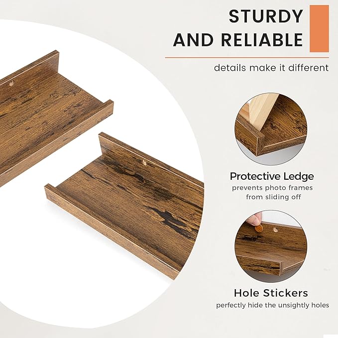 Picture Ledge Shelf, Long Floating Shelves for Wall, 56" W Set of 2, Brown | FSC Certified Engineered Wood, Wall Mounted Bookshelf, for Nursery Living Room Bedroom, Pre-Drilled, Easy Install