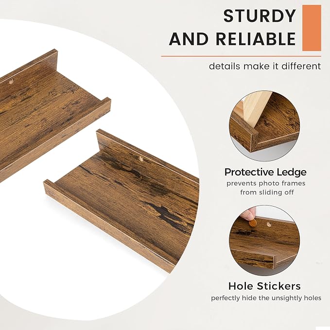 Picture Ledge Shelf, Floating Shelves for Wall, 16" W Set of 2, Brown | FSC Certified Engineered Wood, Wall Mounted Bookshelf, for Nursery Living Room Bedroom, Pre-Drilled, Easy Install