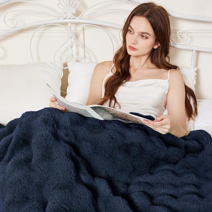 Faux Rabbit Fur Throw Blanket for Couch, Navy Blue Throw Blankets 50"x60" | Cozy Reversible Fluffy Throw, Luxury Plush Thick Bubble Blanket, Mothers Gifts for Women, Soft Warm for Bed, Home Decor