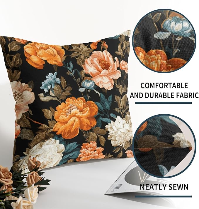 Black Boho Floral Pillow Covers 16X16 Inch Set of 2 Vintage Orange Beige Botanical Flowers Decorative Pillow Cases Mid Century Modern Bohemian Cushion Case Farmhouse Home Decor for Sofa Couch