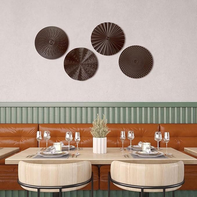 Hicarer 4 Pcs 12 Inch Brown Metal Wall Art Decor Modern Sunburst Hanging Artwork Decor Wall Decorations for Home Bedroom Bathroom Living Room Office Sculpture