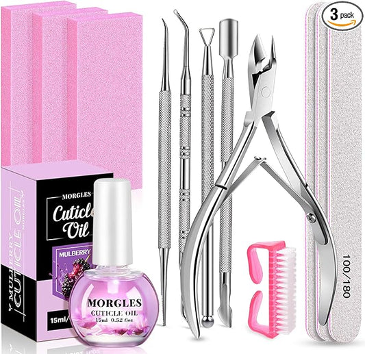 MORGLES Nail Care Kit, Manicure and Pedicure Tools Kit, 3 Nail File 100/180, 3 Buffer Block, Mulberry Cuticle Oil, Trimmer and Pusher