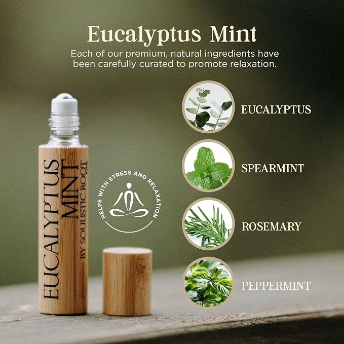 Soulistic Root Eucalyptus Mint Essential Oil Roll On – Breathe Essential Oil Blend w/Peppermint, Spearmint, Rosemary – Aromatherapy Rollerball for Spa, Self Care, Energy – 10ml Bottles Each