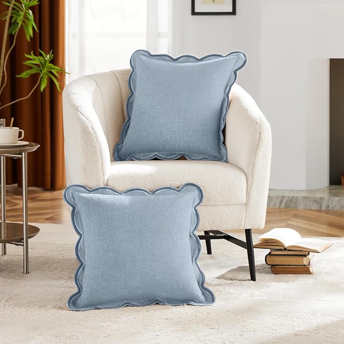 Ohocut Scalloped Pillow Cover Pack of 2 Spring Chenille Decorative Throw Pillow Covers Cute Boho Couch Pillow Covers Aesthetic Funky Preppy Pillow Cases for Sofa Living Room (Misty Blue, 18x18 Inch)
