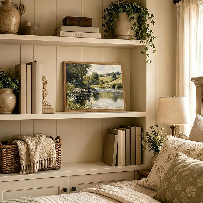 Framed Vintage Landscape Wall Art, Country Nature River Pictures Wall Decor, Rustic Field Paintings Canvas Prints Farmhouse Home Decor Aesthetic for Living Room Bedroom Bathroom 8x10 inch