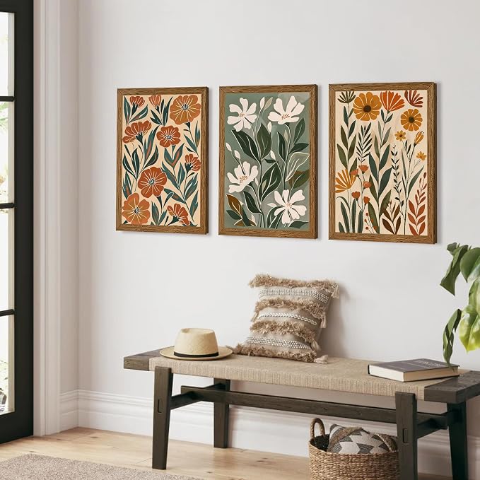 Urmoya 3 Pieces Boho Floral Decor Flower Market Wall Art, 12x16 Inch | Wood framed, Chic green and beige botanical trio, Ready to hang, for living room, Office, or guest bedroom home decor