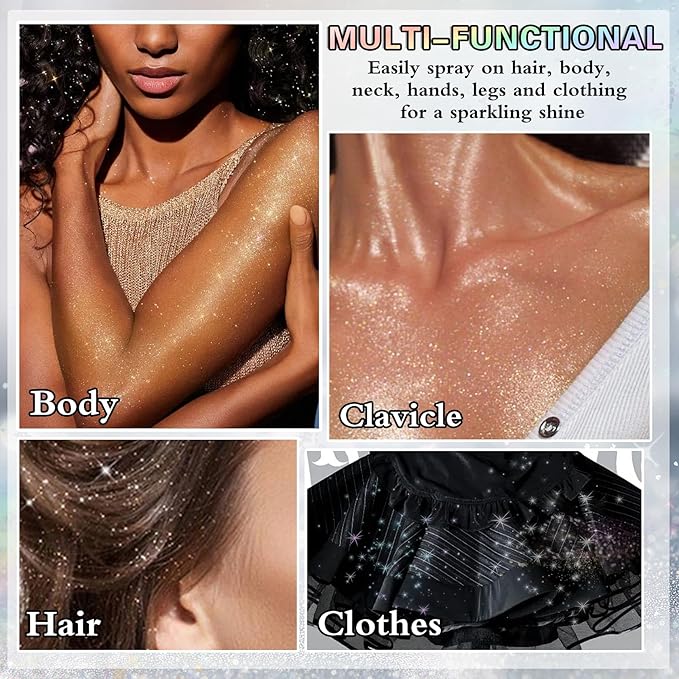 Body Glitter Spray, 60ML Shiny Gold Glitter Spray for Hair Body and Clothes,Long-Lasting Quick-Drying Holographic Ultra Fine Powder Glitter Hairspray for Festival Rave Stage Prom 2.11 Fl Oz