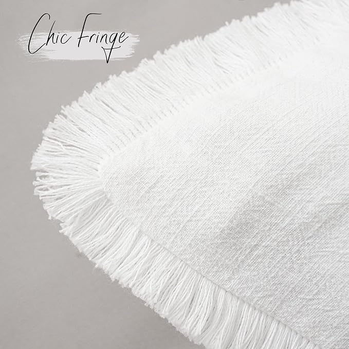 Foindtower Set of 2 Decorative Linen Fringe Throw Pillow Covers Cozy Boho Farmhouse Cushion Cover with Tassels Soft Accent Pillowcase for Couch Sofa Bed Living Room Home Decor,16×16 Inch,White