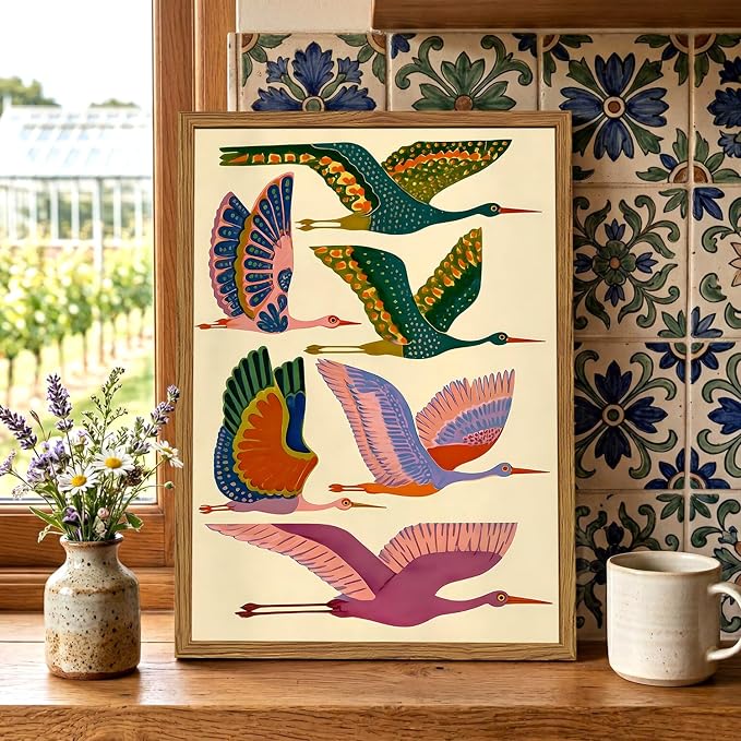Framed Colorful Bird Wall Art, Vintage Flying Heron Pictures Wall Decor, Mid Century Modern Animal Paintings Canvas Prints Abstract Home Decor Aesthetic Artwork for Living Room Bedroom 12x16 inch