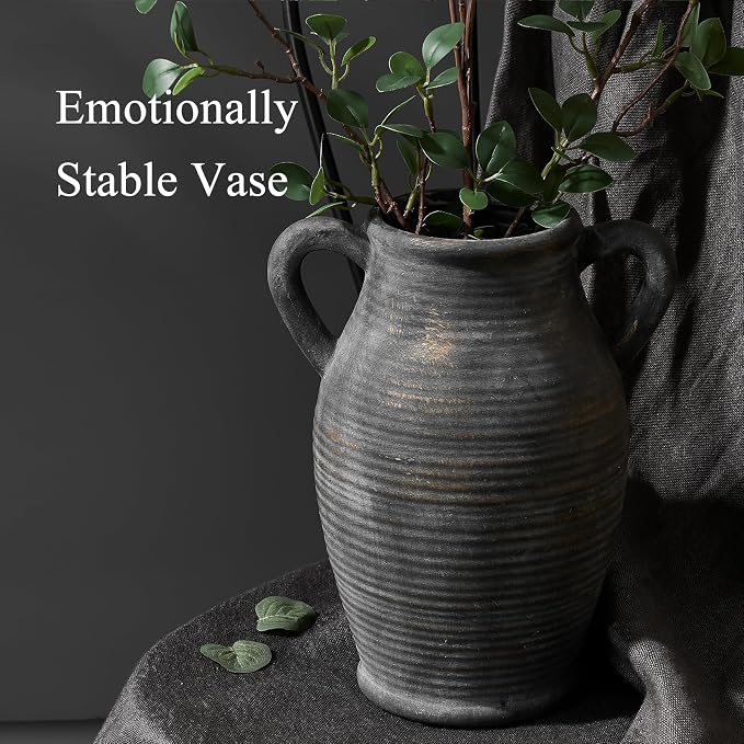 Vaseking Ceramic Rustic Vase, 9.8 inch Farmhouse Vases Home Decor, Bronze | Large Minimalist Decorative Vase with 2 Handles, for Living Room, Enterway, Table Decoration, Gift