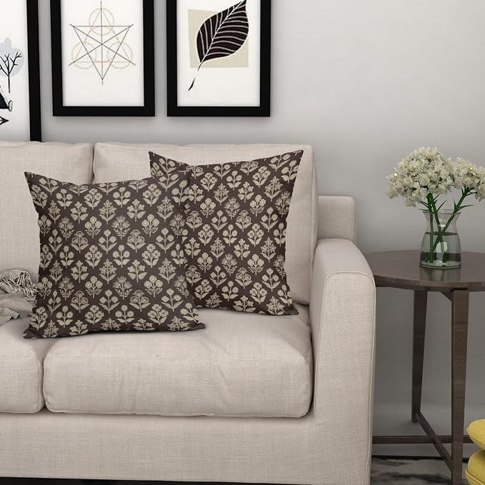 Dark Brown Floral Pillow Covers 22x22 Inch Set of 2, Vintage Flower Block Print Pattern Decorative Throw Pillowcases Outdoor Farmhouse Cushion Covers Spring Summer Rustic Sofa Couch Bed Decor