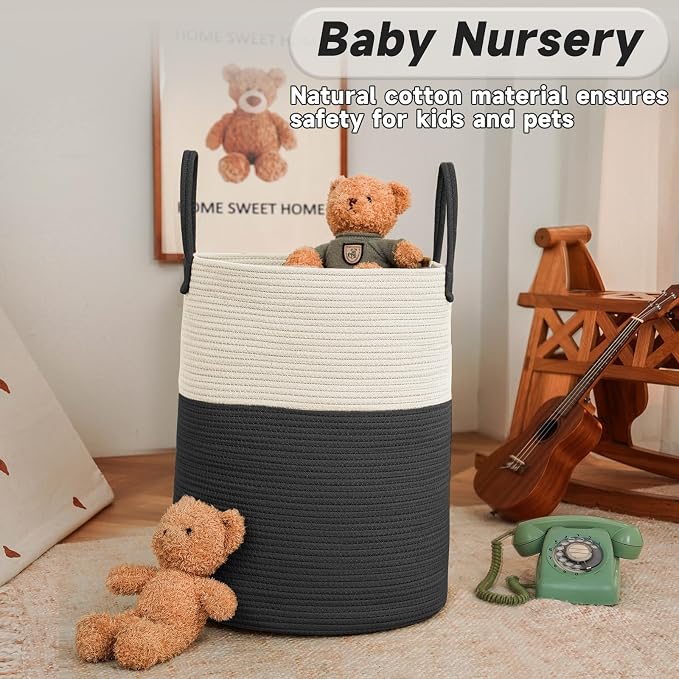 JMvicyroam 60L Cotton Rope Laundry Basket Hamper, White and Black | Collapsible laundry basket, reinforced handles, freestanding, machine washable, holds 3-5 thick blankets, clothes or toys
