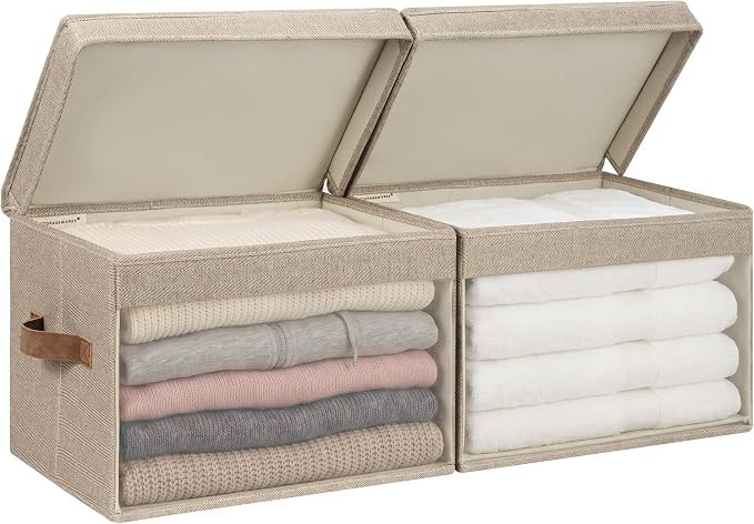 StorageWorks Fabric Storage Bins with Lids, Large Closet Storage Bins | Flip-Top Lid, Clear Window, Handles, Collapsible, for Clothes Blankets Books, Closet Box, Brown and Beige, 2-Pack