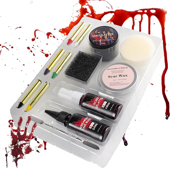 Halloween Makeup Kit-Scar Wax, 6-Color Bruise Crayons, 3-Types Fake Blood (Spray + Dripping + Coagulated Gel) + Spatula & Sponges – For Zombie/Vampire/Monster Cosplay