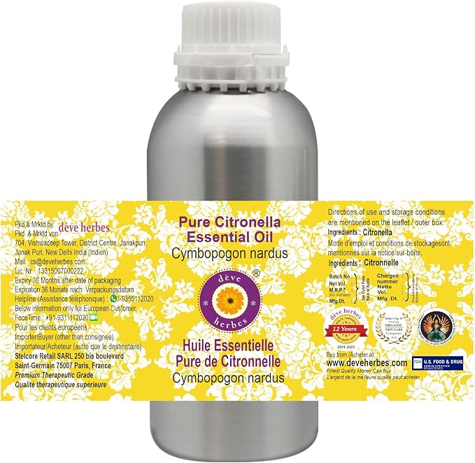 Deve Herbes Pure Citronella Essential Oil (Cymbopogon nardus) Steam Distilled 1250ml (42 oz)