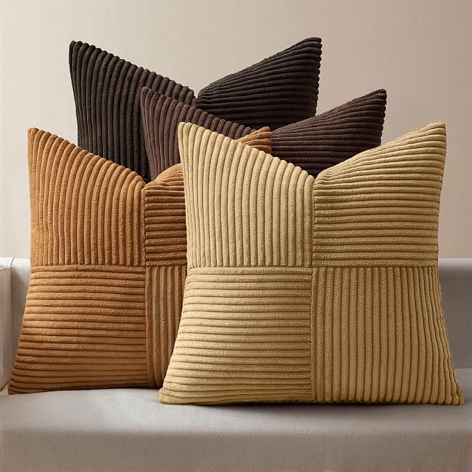 MIULEE Boho Decorative Throw Pillow Covers 20x20 Set of 4 Farmhouse Neutral Cushion Cases Gradient Corduroy Pillow Cases Modern Soft Corduroy Patchwork Home Decor for Couch Sofa Bedroom Camel Brown