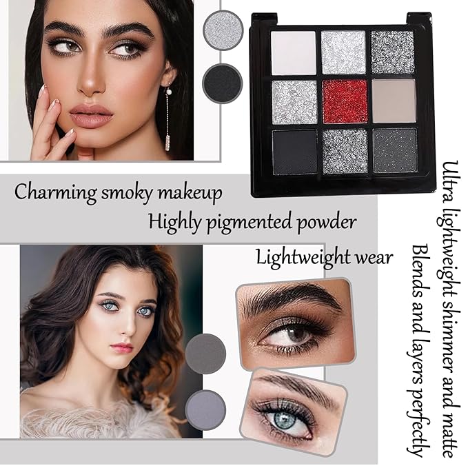 Black Grey Smoky Eyeshadow Palette,15 Colors Matte Shimmer Pigmented Eye Shadow Makeup Palette Set with 3 Eyeshadow Brushes,Glitter Eye Shadow Palette for Daily Halloween Goth Makeup(C)