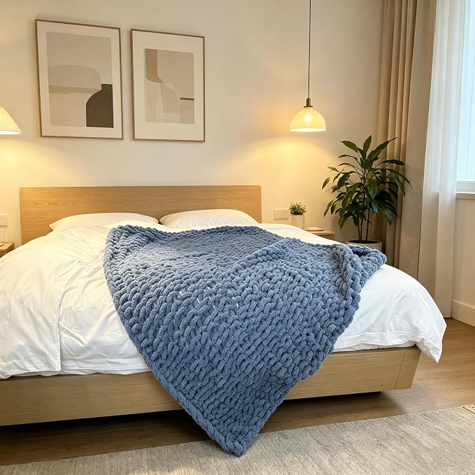 Soft Chunky Knit Throw Blanket for Couch, Cozy Warm Knitted Blankets | Hand Knit with Jumbo Chenille, Lightweight Warm Fluffy Decor for Women, Mom, Her & Girls, Sofa, Chair, Bed,48"×71"(Airy Blue)