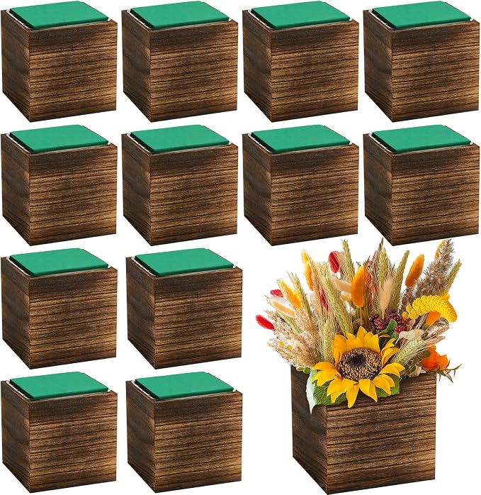 18 Set Wood Cube Planter Box Square Wood Vase Rustic Cube Planter Box with Removable Plastic Liner Floral Foam Blocks for Centerpieces Home Wedding Garden Decor, Country Style (Brown)