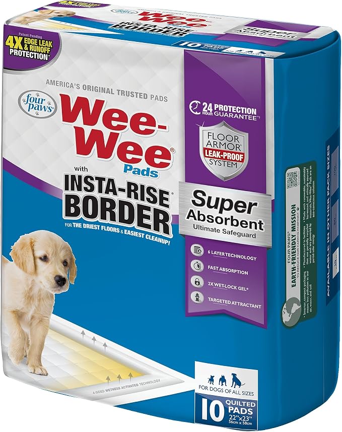 Four Paws Wee-Wee Super Absorbent Unscented Pee Pads for Dogs & Puppies with Insta-Rise Border, Leak-Proof Dog Housebreaking Potty Training Floor Protection, 22" x 23", 10 Count (Pack of 3)