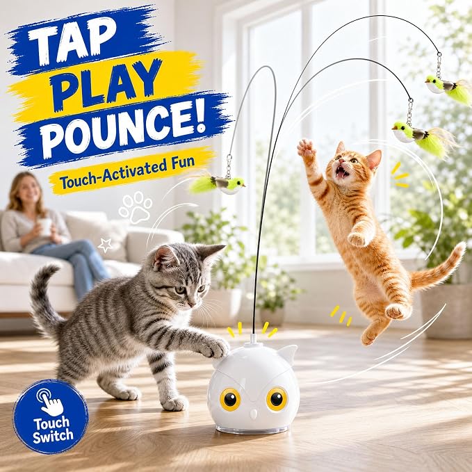 CATPICK Interactive Cat Toy for Indoor Cats, Automatic Flying Bird Toy | Rechargeable 360-degree flying bird wand with 2 speeds, touch restart, 10-minute play cycle, and washable sticky base