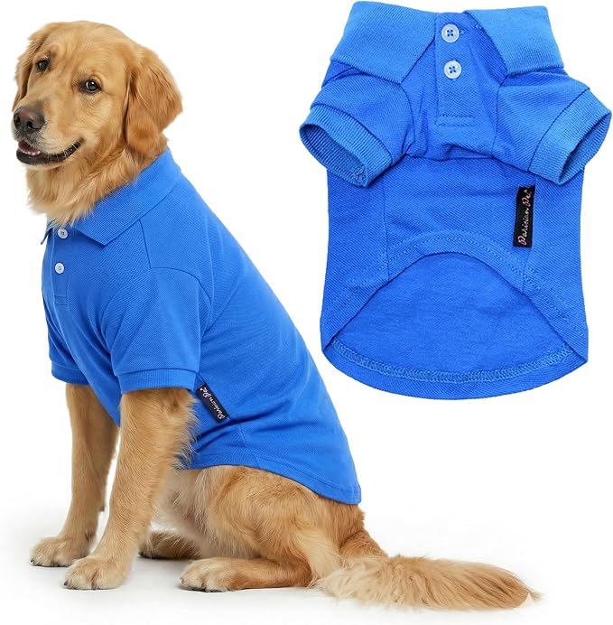 Parisian Pet Dog Polo Shirt – Classic Blue Cotton Pet Apparel with Collar & Buttons - Soft Breathable Puppy T-Shirt - Cute Dog Clothes - Ideal Summer Clothes for Large Dogs - Shirts for Dogs Boy