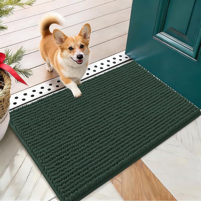 OLANLY Dog Door Mat for Muddy Paws 24x16, Extra Absorbent Chenille Mud Mat | Blackish Green, Absorbs Moisture and Dirt, Non-Slip Machine Washable Doormat, Quick-Drying Indoor Entryway Floor Mat for Dogs