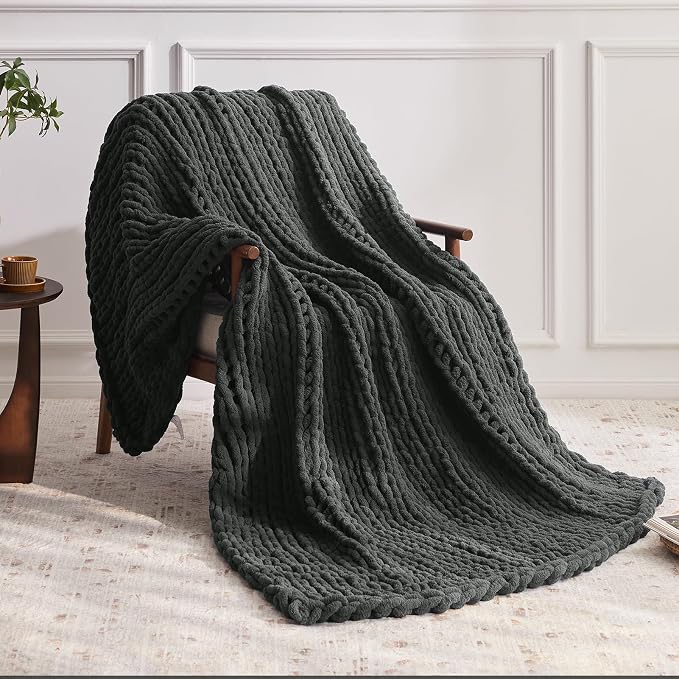 Negwoo Chunky Knit Throw Blanket, Knitted Throw Chenille Yarn, 30"*40" | Soft Thick Cable Knitted Blankets, Handmade Big Thick Blanket, Machine Washable Cute Comfy Blanket for Home Decor, Dark grey