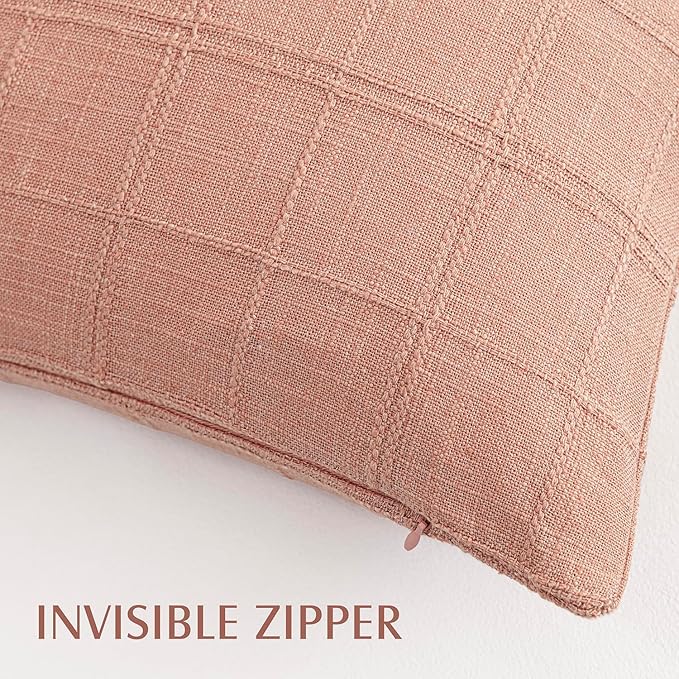 Foindtower Set of 2 Decorative Linen Check Throw Pillow Covers Neutral Farmhouse Vintage Cushion Covers Modern Boho Accent Home Decor for Sofa Chair Couch Bedroom Living Room,18×18 Inch,Coral Pink