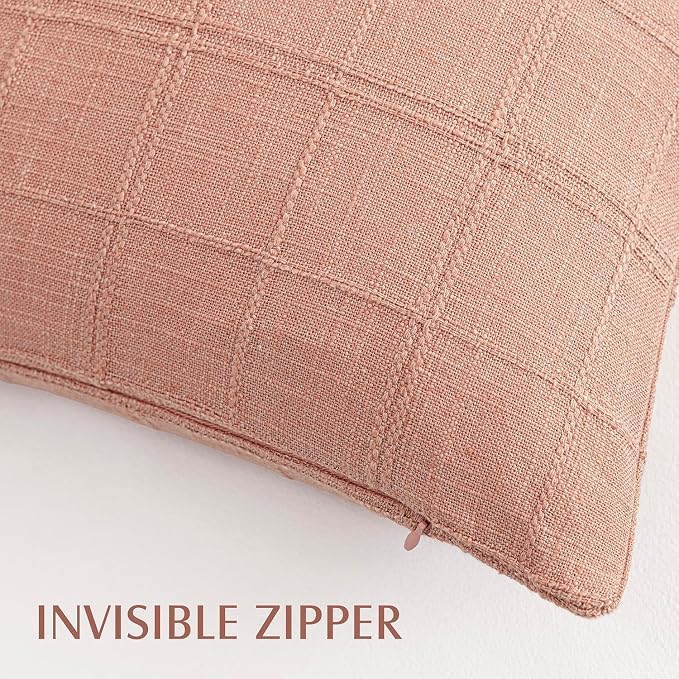 Foindtower Set of 2 Decorative Linen Check Throw Pillow Covers Neutral Farmhouse Vintage Cushion Covers Modern Boho Accent Home Decor for Sofa Chair Couch Bedroom Living Room,22×22 Inch,Coral Pink