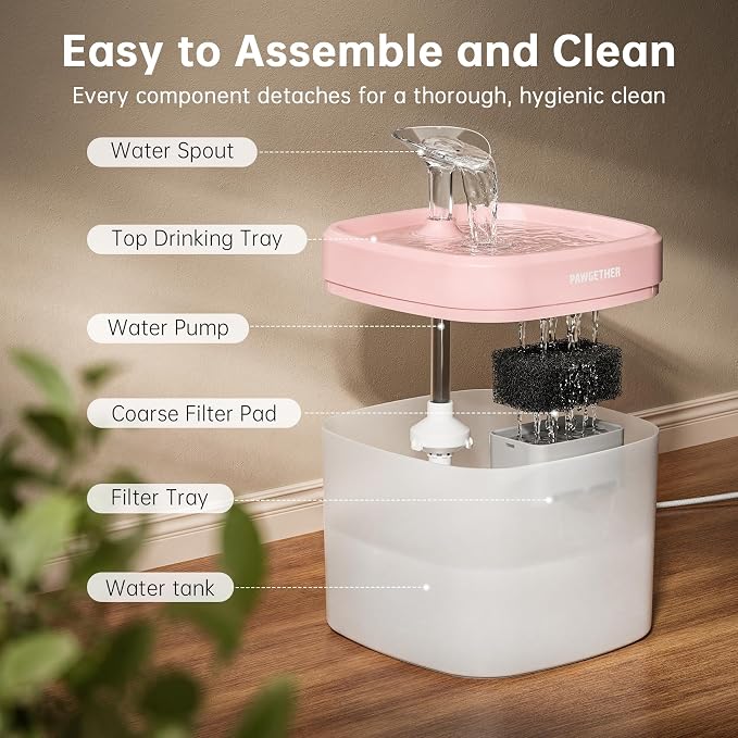 PAWGETHER® Cat Water Fountain with Wireless Pump 51oz/1.5L Dog Water Fountain, Ultra Quiet Automatic Pet Water Fountain Portable Indoor Ourdoor Travel Small Dog Water Dispenser with Adapter Pink