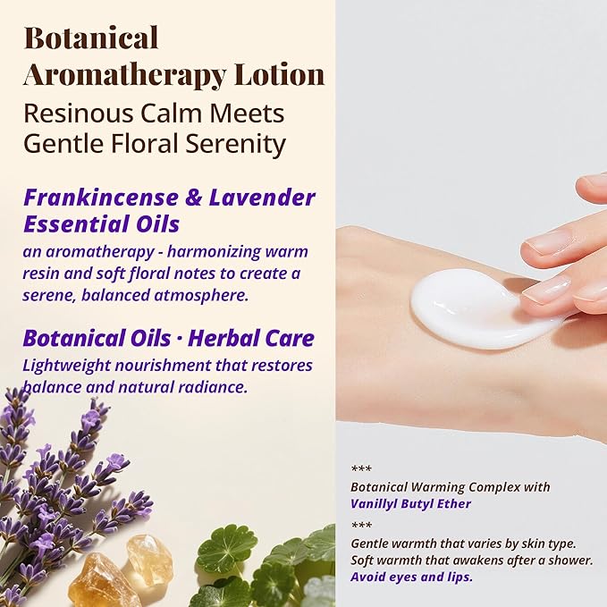 Frankincense & Lavender Aromatherapy Lotion – Lightweight Moisturizer for Body & Massage, Gentle Warming Care with Resinous-Floral Aroma for Calming Self-Care Rituals, 3.4 fl oz / 100 ml