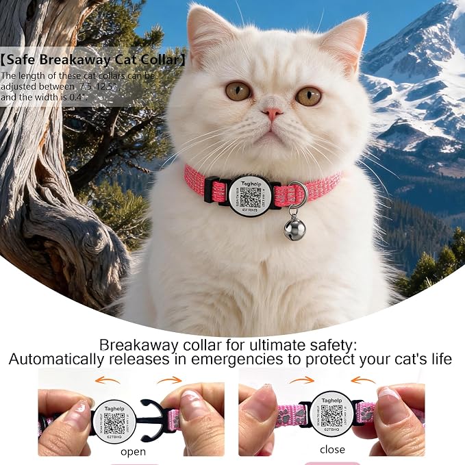 2-Pack Reflective-Breakaway Cat Collars with Bells with QR Code Name Tag, Cat ID Tag Personalized,Smart ID tag Cat Collar,Ideal for Girl Cats Male Cats Kittens Puppies (Black&Pink,NO airtag Holder)