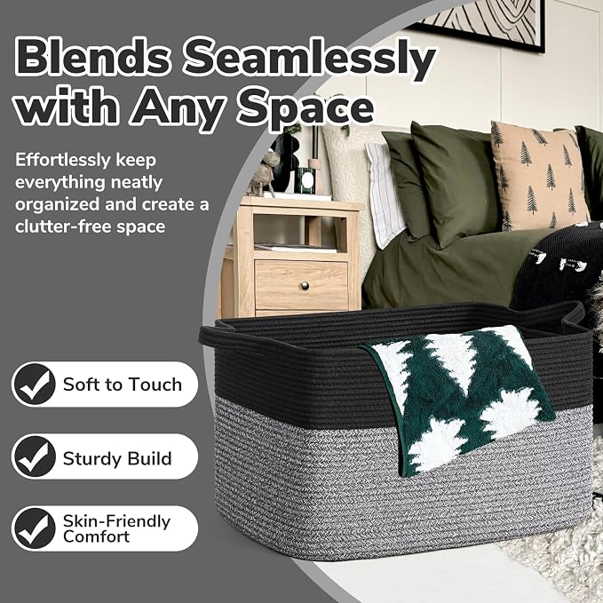 Goodpick Large Woven Rope Blanket Basket, Rectangle, Black & Gray | 21.6'' x 14.9'' x 11.8'' Storage Basket for Toys & Nursery Essentials, Living Room & Bedroom Organization, Reinforced Handles