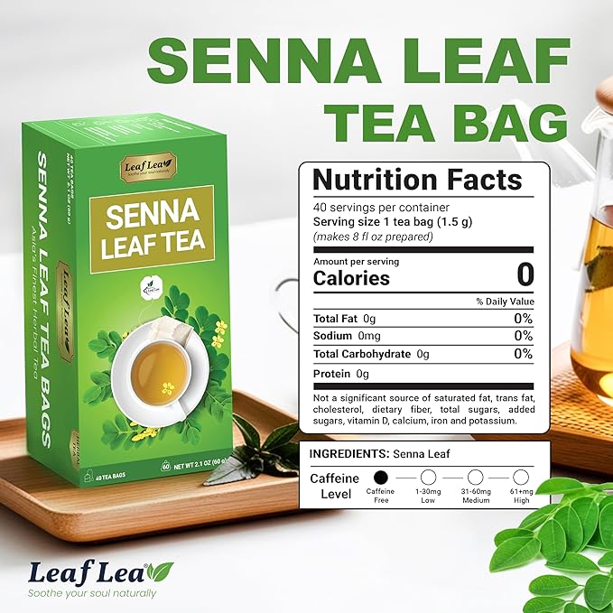LeafLea Senna Leaf Tea Bags, Herbal Laxative Tea for Constipation, 40 Ct | Single-Ingredient Senna Leaf, Caffeine-Free, Sugar-Free, Gluten-Free, Non-GMO, Vegan, Individually Foil-Wrapped