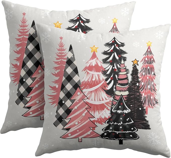 Kawani Christmas Tree Throw Pillow Covers Cotton Linen Pink Black Pine Tree Xmas Decorative Pillowcases Living Room Couch Sofa Home Decor Cushion Covers 22×22 Inch,Set of 2