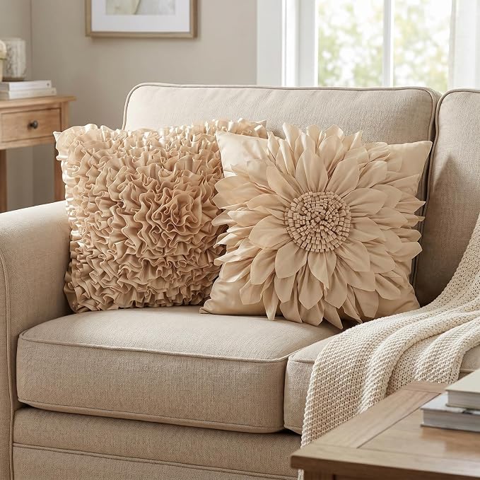 Beige Taupe Accent Flower Decorative Throw Pillow Covers for Bed Sofa Couch | Bella's Giftshop Handmade Sunflower Taffeta Pillow Cases Living Room Bedroom Decor, 18x18 Inch