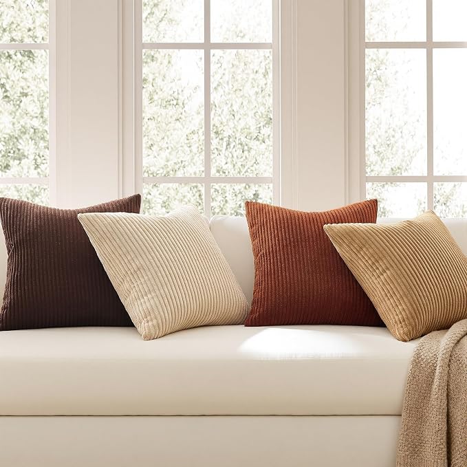 Topfinel Set of 4 Soft Farmhouse Corduroy Striped Decorative Cushion Cover Boho Throw Pillow Covers 22x22 Inch Beige Brown Gradient Rustic Pillow Case for Sofa Couch Living Room Bedroom