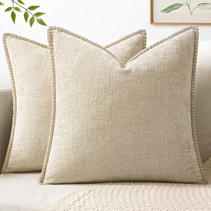 MIULEE Decorative Euro Sham Pillow Covers 24x24 Inch Beige 2 Pack | Neutral Farmhouse Throw Pillow Covers with Stitched Edge, Soft Chenille Cushion Cases, for Couch Sofa Bed Living Room