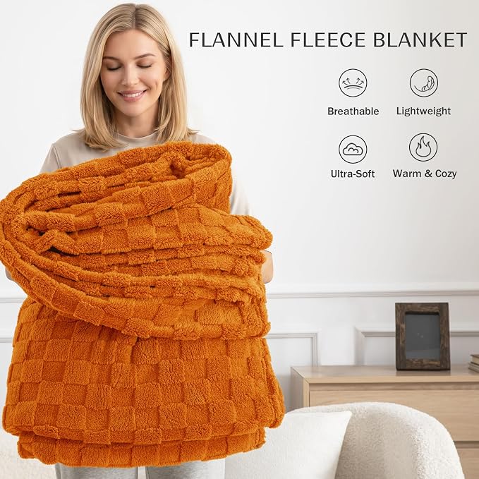 Exclusivo Mezcla 3D Checkered Fleece Throw Blanket for Couch, Burnt Orange | Super Soft and Cozy Fluffy Throw, Lightweight and Breathable, Cute Fuzzy Blanket for Sofa, Home Decor, All Season, 50"x60"