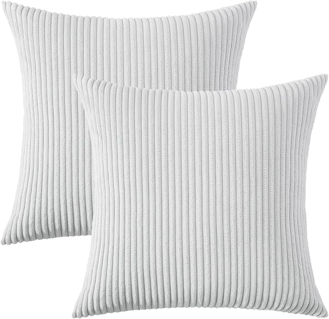 Mecatny Corduroy Decorative Throw Pillow Covers 20x20 Set of 2 Grey | Soft Striped Texture, Hidden Zipper Design, Neutral Boho Square Pillow Cases for Sofa Couch Living Room Bedroom, Home Décor