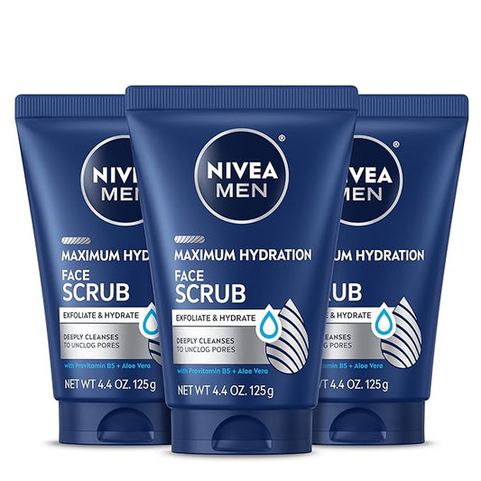 NIVEA MEN Maximum Hydration Face Scrub with Provitamin B5 and Aloe Vera, Exfoliating Face Wash Deeply Cleanses to Unclog Pores, 4.4 Oz Tube, Pack of 3